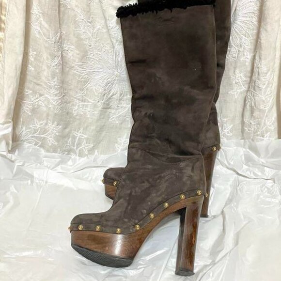 Gucci Suede and Shearling Knee Boots - Picture 2 of 5
